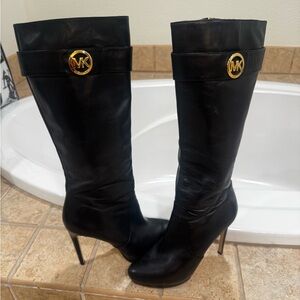 Michael Kors Black Heeled Boots with Gold Accents